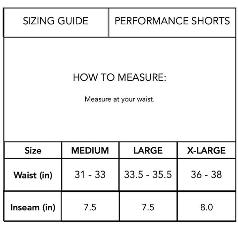 Mens Athletic Shorts sizing chart