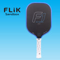 Pickleball paddle with F1 branding on a blue background, featuring the Flik Sandbox logo.