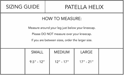 sizing chart for Body Helix patella band for knee pain support