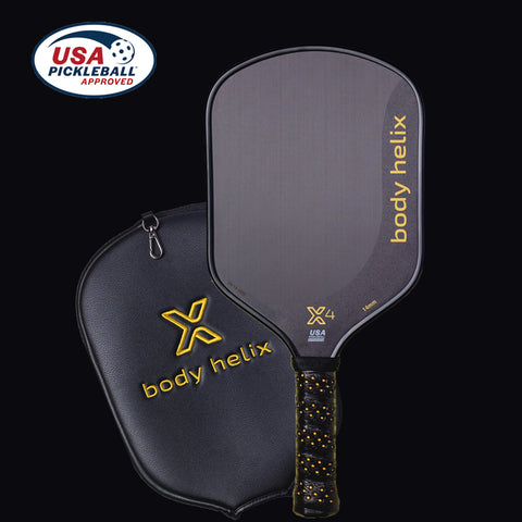 X4 Pickleball paddle with cover and 'body helix' branding on a black background, featuring USA Pickleball approval logo.