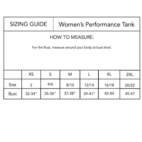 sizing chart for jojo+lo performance tank top